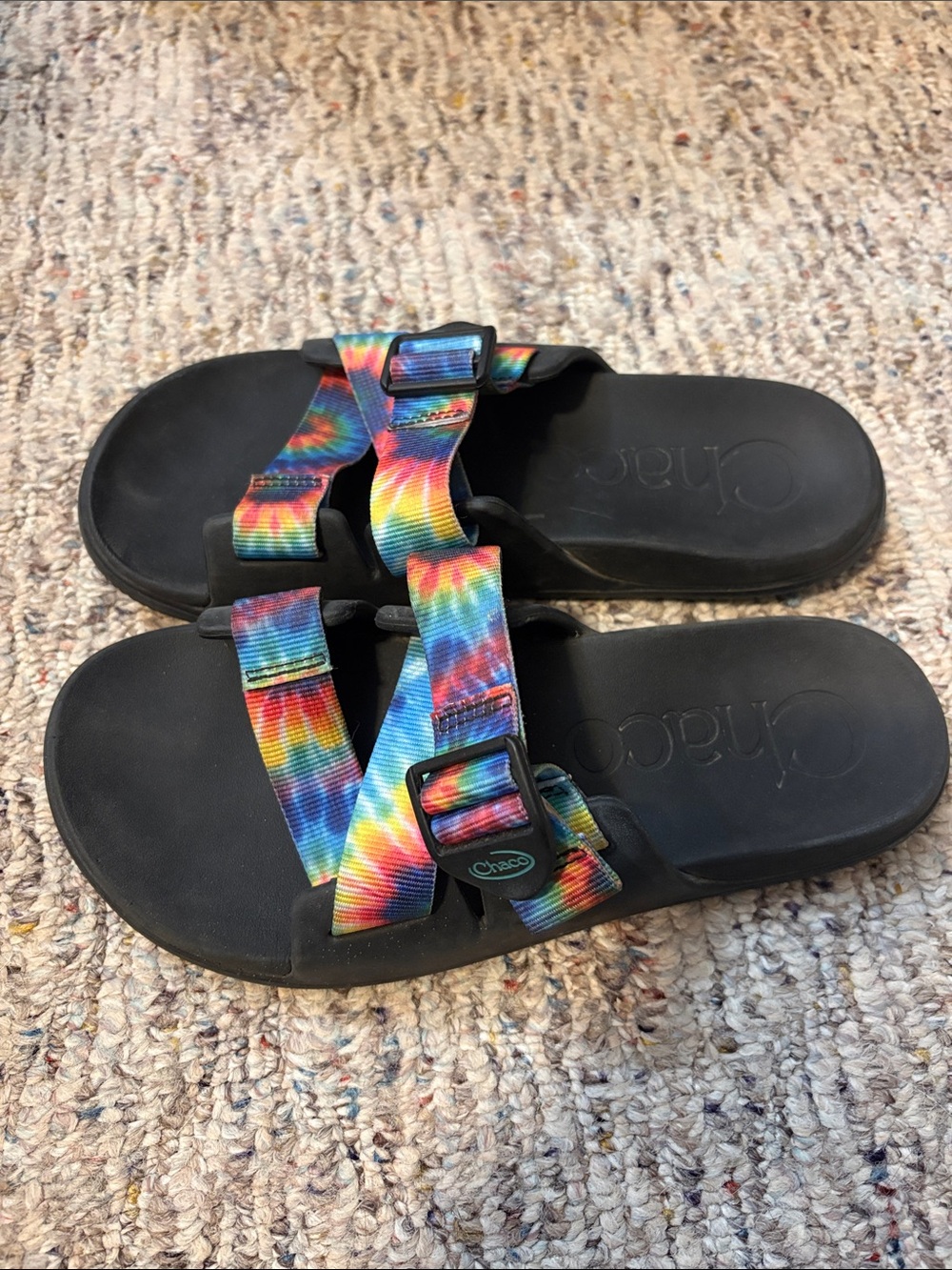 Chaco Women’s Rainbow Tie-Dye Strap Slides with Black Footbed